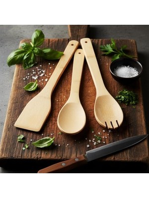 3'lü Bambu Mutfak Gereç Seti; Doğal Ahşap Spatula, Kaşık ve Servis Çatalı | Yapışmaz Tencere Dostu, Antibakteriyel ve Isıya Dayanıklı Ahşap Mutfak Seti (30 Cm)