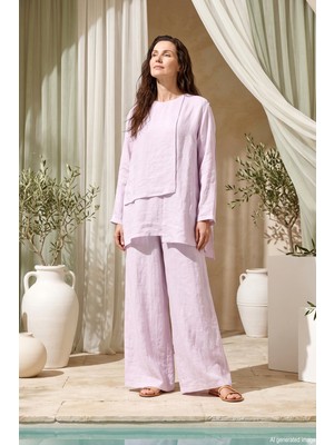 Ceremony Bluz Önü Parçalı Bol Paça Pantolonlu Nil Takım 965 Lila