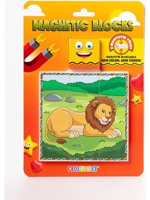 Manyetik Blok, Çift Taraflı, 9 Parçalı, Mıknatıslı Puzzle, 2 Görsel, Aslan-Zebra Yapboz