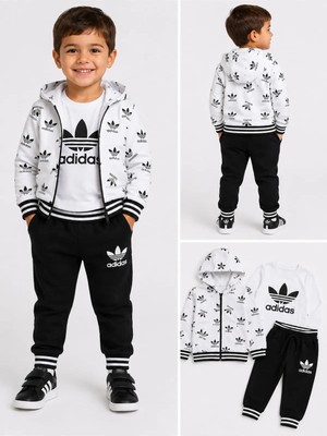 Mavi Boncukk Çocuk Kapüşonlu Fermuarlı 3'lü Takım Baskılı Sweatshirt Tişört ve Eşofman Altı