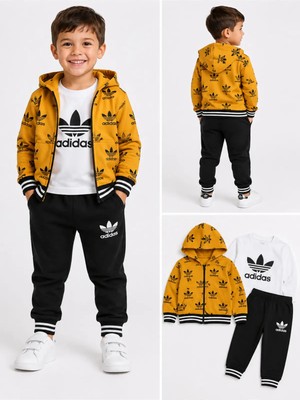 Mavi Boncukk Çocuk Kapüşonlu Fermuarlı 3'lü Takım Baskılı Sweatshirt Tişört ve Eşofman Altı