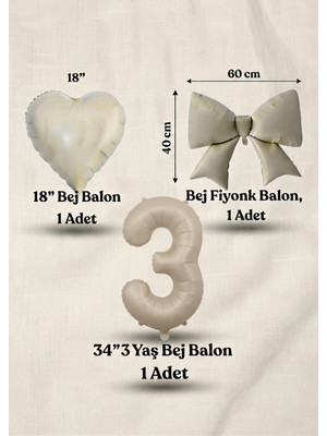 Çavuş E-Ticaret 3 Yaş Bej Doğum Günü Seti Krem (Bej) Renk Kalp Fiyonk(Kurdele) Rakam Folyo Balon Seti
