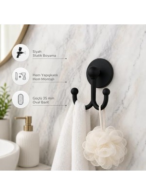 Lotus Siyah Çiftli Lüx Bornoz ve Havlu Askılığı, Yapışkanlı ve Vidalı Montajlı Duvar Askısı, Mat Siyah Statik Boyama, 35 mm Oval Bantlı Banyo Askısı