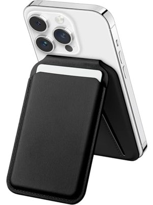 Kartlık, Apple iPhone 17/16/15/14/13/12 Serisi Için Cüzdan Magsafe ile Uyumlu Telefona Tam Oturan Güçlü Manyetikli Sıkı Tutuş Sağlayan ve Düşme Yapmayan Pu Deri Cüzdan (Siyah-Stantlı)
