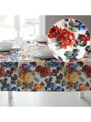 Loom & Laurel Çiçekli Dikdörtgen Masa Örtüsü 140 x 240 cm, Baskılı, Yıkanabilir, Ütü Gerektirmez, Mutfak, Bahçe ve Piknik için - Kırmızı Mavi Güller