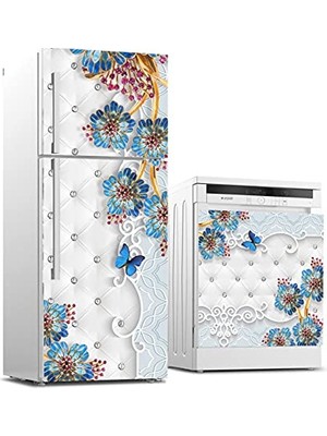 Sticker Kaplama, Döşeme Mavi Çiçek, Buzdolabı ve Bulaşık Makinası Beyaz Eşya