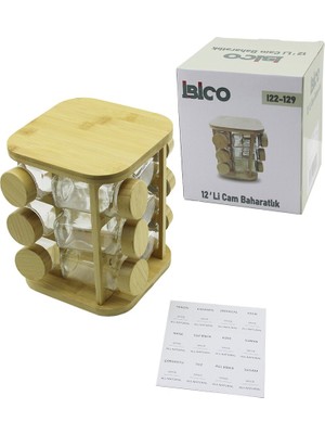 Store 12PCS Kare Döner Standlı Cam - Bambu Kapak Tuzluk - Baharatlık Bambu Stand