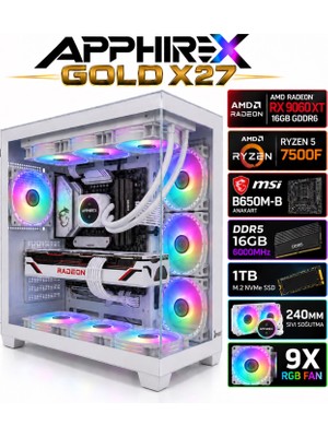 Apphirex Gold X27 Ryzen 5 7500F/MSİ B650M-B/AMD Radeon RX9060XT 16GB/16GB Ddr5 6000MHZ/1TB M.2/240MM Sıvı Soğutmalı Beyaz Masaüstü Oyuncu Bilgisayarı