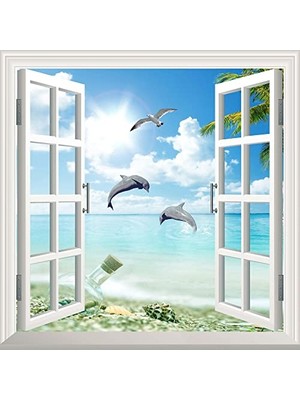Pencere Poster Duvar Kağıdı Deniz Sahili Manzara Yapışkanlı Sticker