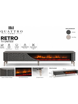 Quattro Home Retro Elektrikli Şömineli Tv Ünitesi 170 cm Antrasit Krom Ayaklı Dalgalı Kapaklı Modern Tv Sehpası