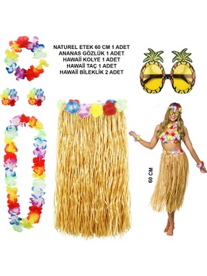 Eseno Select Hawaii Parti Kostüm Seti - 60 cm Hasır Etek, Çiçekli Aksesuarlar ve Ananas Gözlük