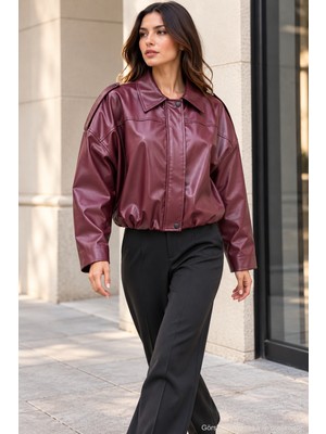 Polo State Kadın Oversize Suni Deri Fermuarlı Kısa Ceket - Bordo