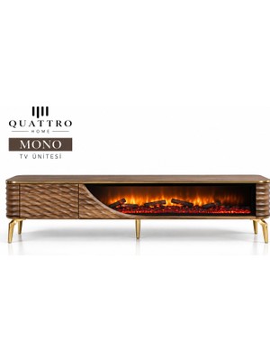 Quattro Home Mono Elektrikli Şömineli Tv Ünitesi 170 cm Ceviz Gold Metal Ayaklı Dalgalı Kapaklı Modern Tv Sehpası