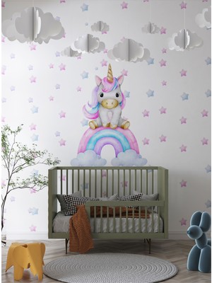 S Digital Pastel Unicorn Duvar Sticker Seti - Bebek/çocuk Odası Yıldızlı Duvar Süsü - 4 Ölçü Seçeneği