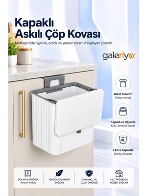 Galeriyo 8 Litre Mutfak Tezgah Üstü ve Dolap Askılı Çöp Kovası | Kapaklı Pratik Atık Kovası