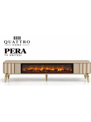 Quattro Home Pera Elektrikli Şömineli Tv Ünitesi 160 cm Kumsal Bej Gold Metal Ayaklı Modern Tv Sehpası