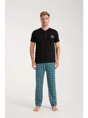 Beruflic Erkek Düğmeli Yaka Siyah Kısa Kol Pijama Takımı