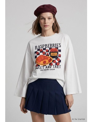 Rays Raspberries Baskılı Geniş Kol Oversize Body 31152 Ekru