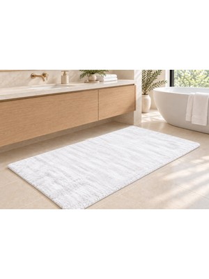 Dekoset Home Tavşan Tüyü Beyaz Düz Peluş Yumuşak Kaymaz Tpr Tabanlı Banyo Paspas