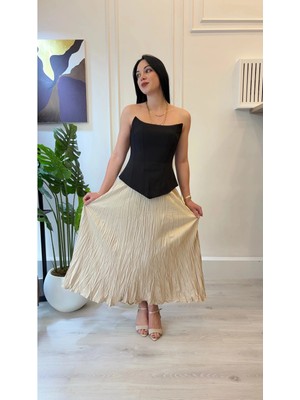 Shın Butik Bej Piliseli Maxi Etek (Akışkan Kumaş)