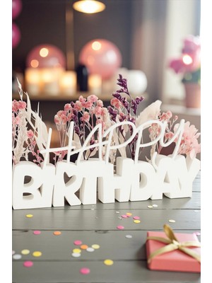 Umikolab Doğum Günü Dekoru, Happy Bırthday Yazısı (Çiçekler Dahil Değildir), Minimalist Beyaz Masa Süsü
