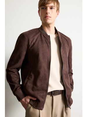DeFacto Ultra Yumuşak Slim Fit Kolej Yaka Fermuarlı Cepli Süet Bomber Ceket A3866AX26SP