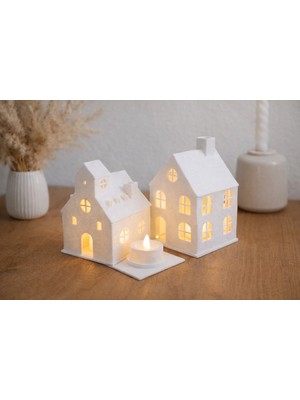 Umikolab 2’li Ev Figürlü Tealight Mumluk Seti, Minimal Dekor, Şık ve Modern Hediyelik