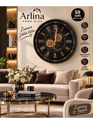 Arlina Home Kids 59 cm Siyah Gold Premium Duvar Saati 2607