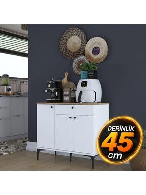 Rani JE194 Kahve Köşesi Çok Amaçlı Dolap 3 Kapaklı 1 Çekmeceli Kiler Mutfak Dolabı Beyaz - Sepet Ceviz