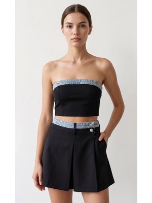 Shın Butik Shın Yüksek Bel Piliseli Mini Etek Şort (Denim Detaylı)