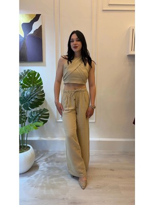 Shın Butik Shın Bej Bağlamalı Keten Görünümlü Crop Pantolon Takım