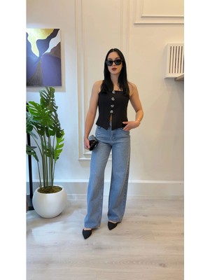 Shın Butik Taş Detaylı Wide Leg Jean Pantolon
