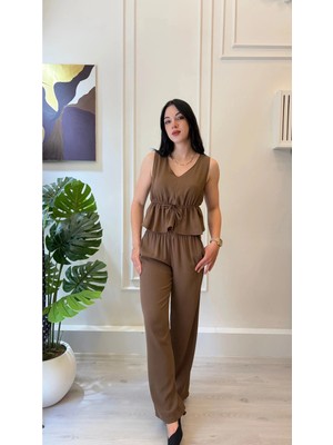 Shın Butik Shın Kahve Bağcıklı Yelek Palazzo Takım
