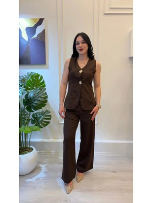 Shın Butik Shın Gold Düğme Detaylı Kahve Yelek Pantolon Takım