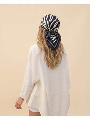 Ege Fular Şal Safari Serisi Zebra Desenli Ipek Vual Fular 70X70 cm - Kadın Eşarp Italyan Dikişli