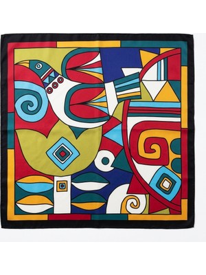 Ege Fular Şal Kübist Serisi Modern Kuş Desenli Ipek Vual Fular 70X70 cm - Kadın Eşarp Italyan Dikişli
