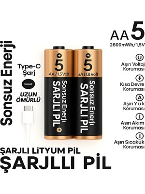 Store Type-C Şarjlı 2800MWH 1.5V Şarj Edilebilir 2’li Aa5 Kalem Pil - Lityum Iyon Batarya
