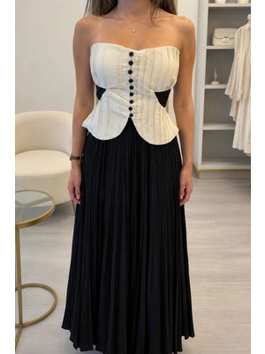 Shın Butik Ekru Siyah Kontrast Detaylı Straplez Pileli Büstiyer Crop Top