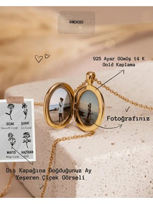 Ricco Jewellery 14 K Gold Kaplama 925 Ayar Gümüş Kişiye Özel Oval Kapaklı Kolye
