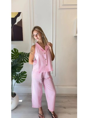 Shın Butik Shın Pembe Kolsuz Gömlek Yaka Pantolon Takım