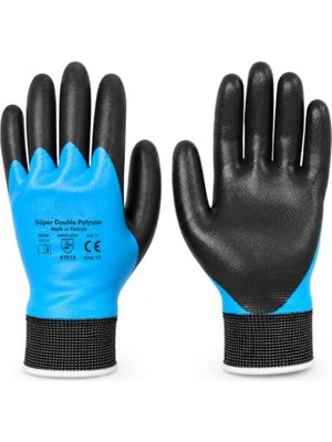 Nitril (Mavi Siyah) No: 10 Beden Polyester Double Nitril Iş Güvenlik Inşaat Eldiveni, 1 Çift