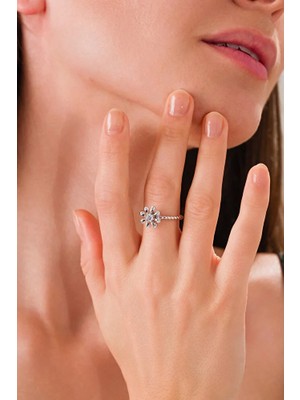 Ricco Jewellery 14 K White Gold Kaplama 925 Ayar Gümüş Çiçek Döner Yüzük