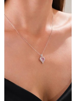 Ricco Jewellery 14 K White Gold Kaplama 925 Ayar Pembe Kuvars Seni Seviyorum Kalp Kolye