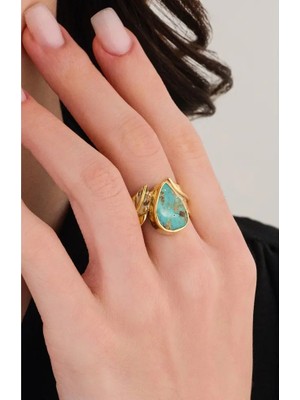 Ricco Jewellery 14 K Gold Kaplama 925 Ayar Gümüş Doğal Turkuaz Antik Tasarım Yaprak Yüzük