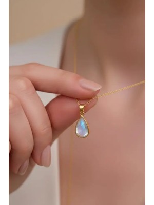 Ricco Jewellery 14 K Gold Kaplama 925 Ayar Gümüş Damla Ay Taşı Kolye