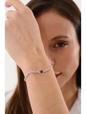 Ricco Jewellery 14 K White Gold Kaplama 925 Ayar Gümüş Su Yolu Ruby Kalp Bileklik