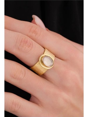 Ricco Jewellery 14 K Gold Kaplama 925 Ayar Gümüş Doğal Pembe Kuvars Dövme Yüzük