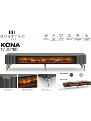 Quattro Home Kona Elektrikli Şömineli Tv Ünitesi 160 cm Antrasit Krom Ayaklı Modern Tv Sehpası