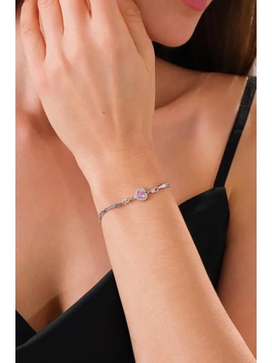 Ricco Jewellery 14 K White Gold Kaplama 925 Ayar Gümüş Pembe Kalp Bileklik