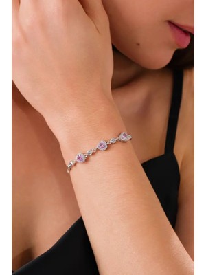 Ricco Jewellery 14 K White Gold Kaplama 925 Ayar Gümüş Pembe Kuvars Kalp Bileklik